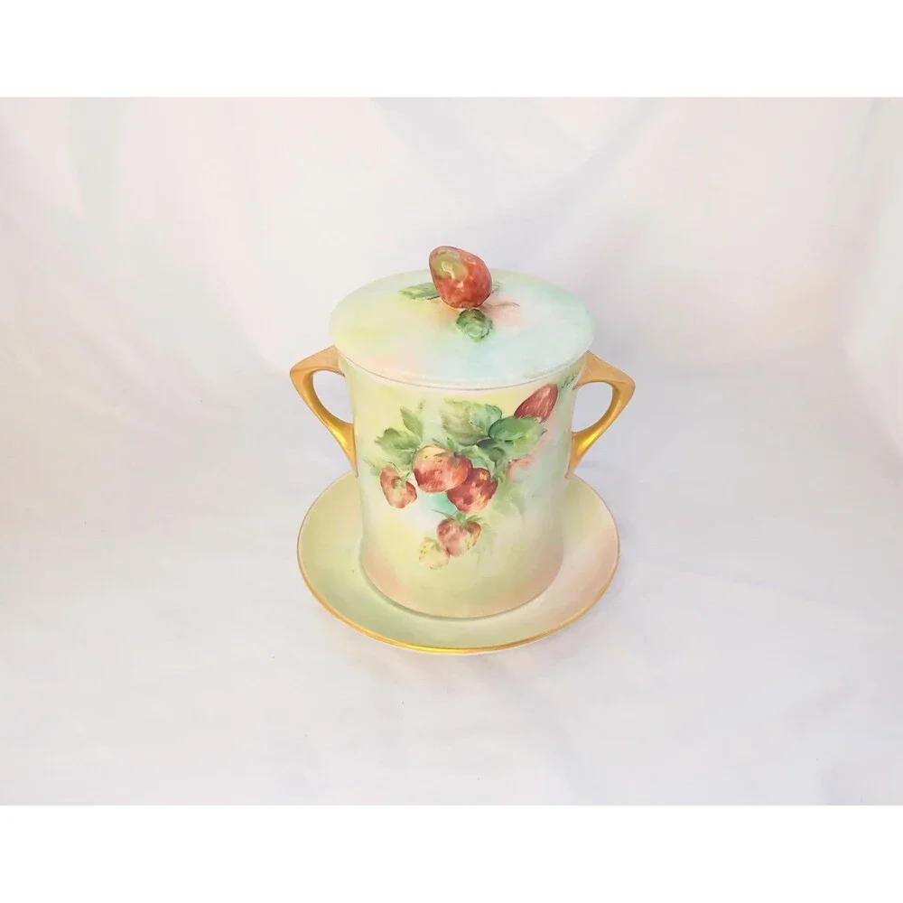 Vintage Hand Painted Strawberry Condiment Jar with Saucer